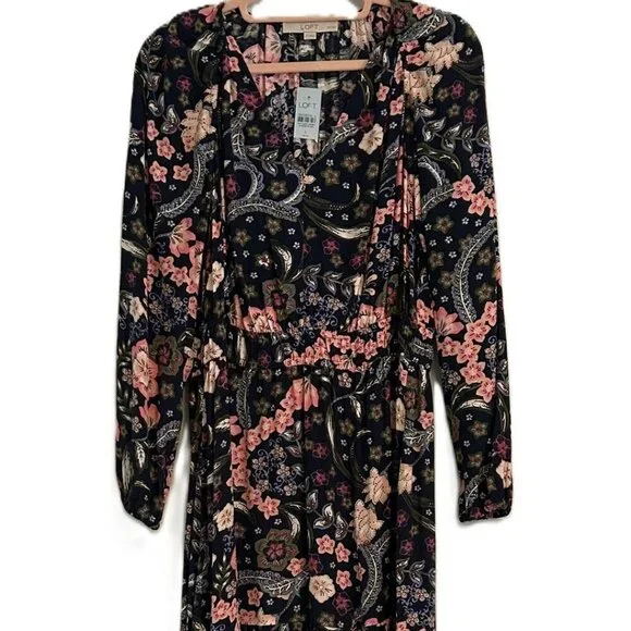 NWT Loft Petite Large Floral Shirred Flounce Long Sleeve Midi Dress - Picture 2 of 10
